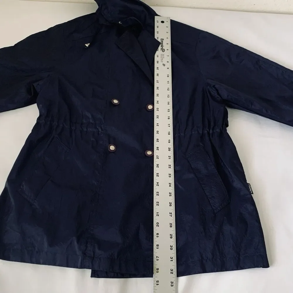 Vintage Izzi Activewear Jacket Women M Navy Blue Windbreaker Hood Cinch Waist 90